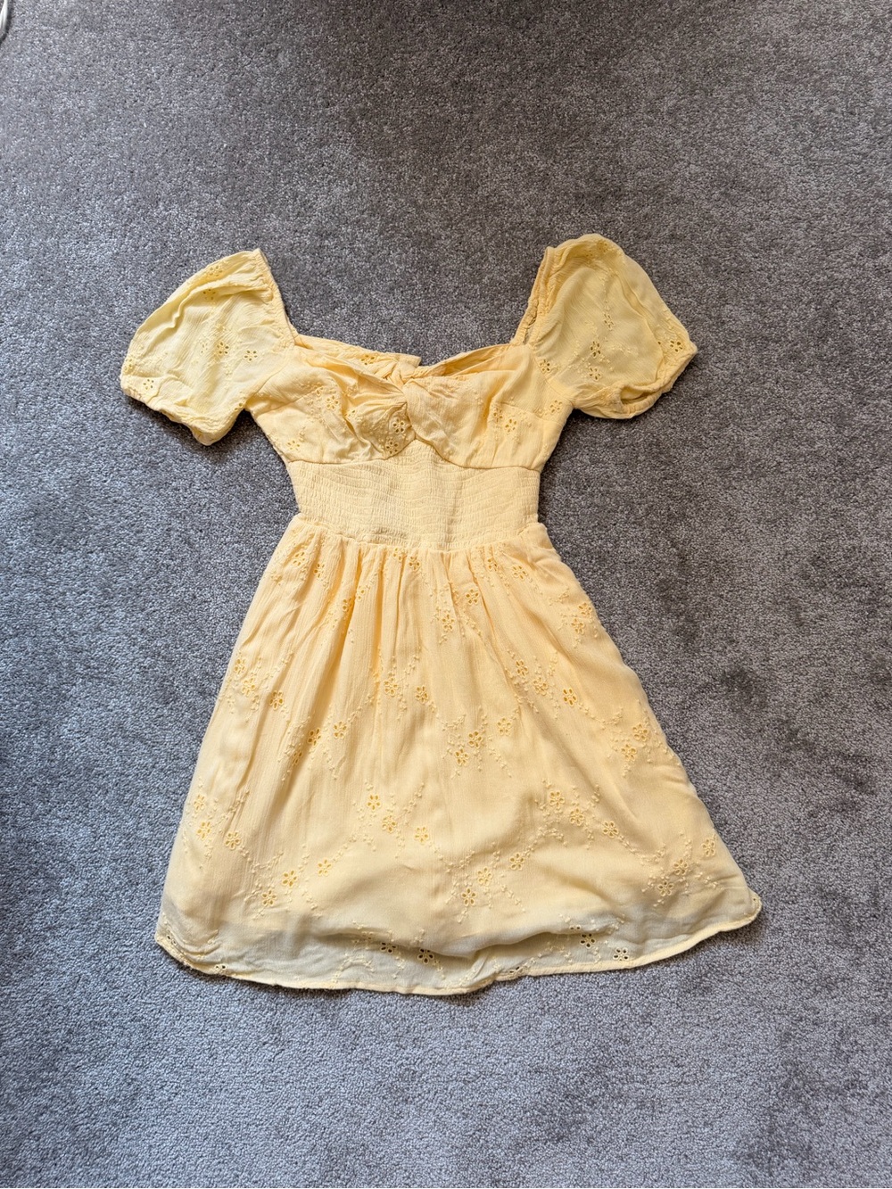 Yellow Puff Sleeve Eyelet Mini Dress